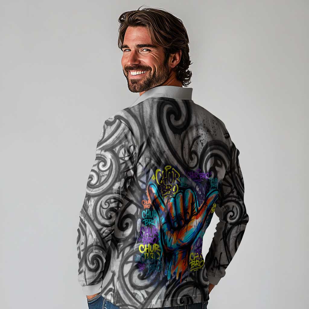 Chur Bro Shaka Sign Long Sleeve Polo Shirt New Zealand Koru Colorful Graffiti Splash