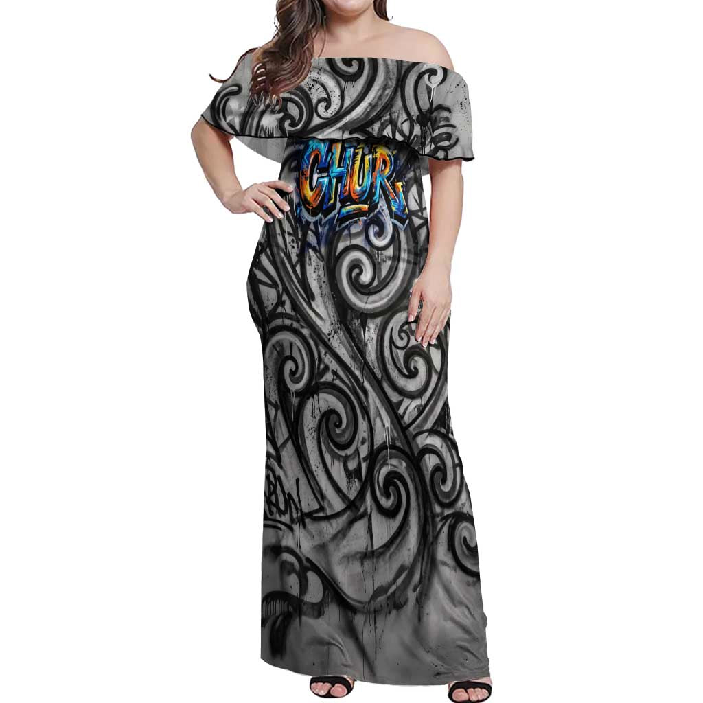 Chur Bro Shaka Sign Off Shoulder Maxi Dress New Zealand Koru Colorful Graffiti Splash TS04 Women Multicolor - Polynesian Pride
