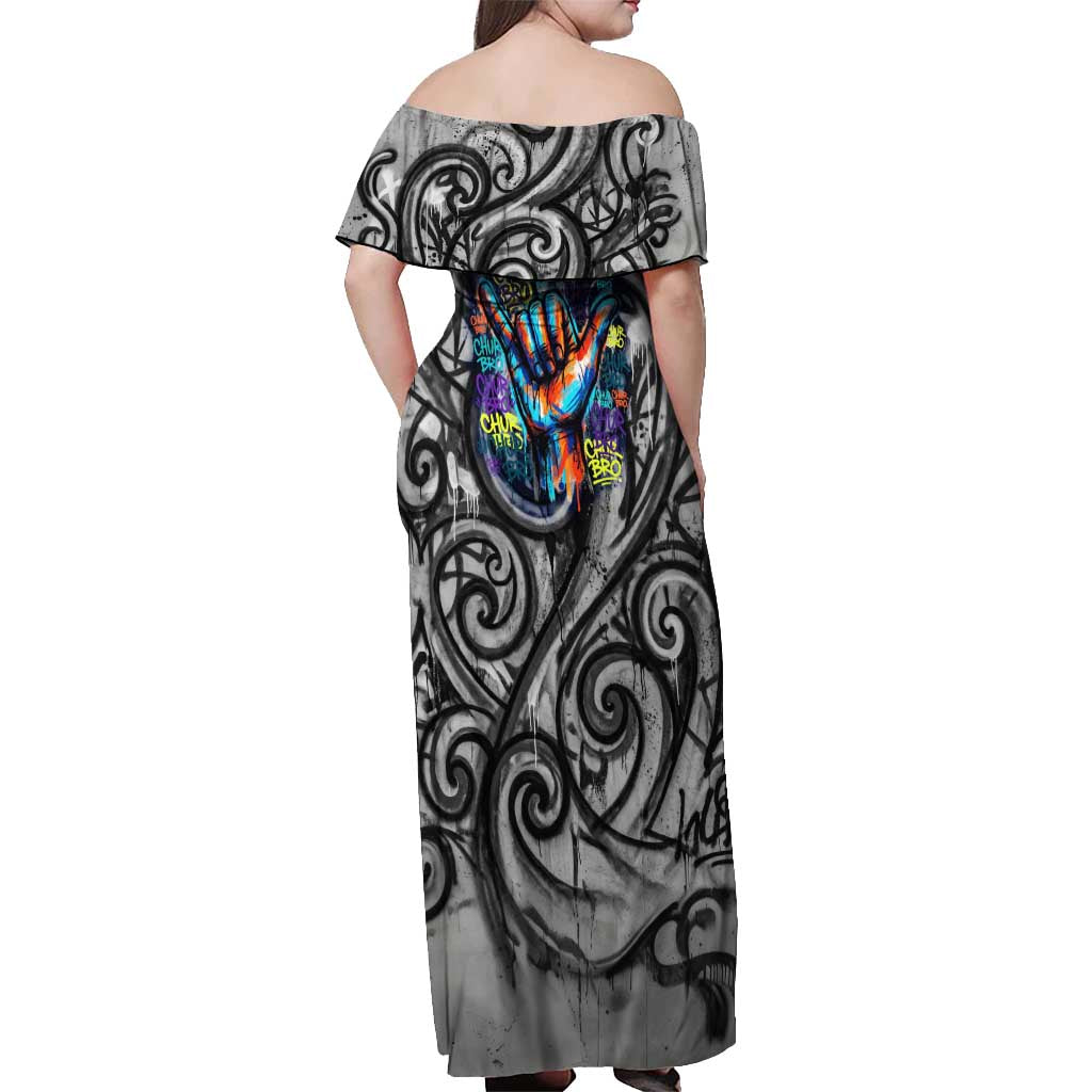 Chur Bro Shaka Sign Off Shoulder Maxi Dress New Zealand Koru Colorful Graffiti Splash TS04 - Polynesian Pride