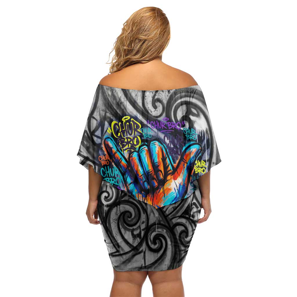 Chur Bro Shaka Sign Off Shoulder Short Dress New Zealand Koru Colorful Graffiti Splash TS04 - Polynesian Pride
