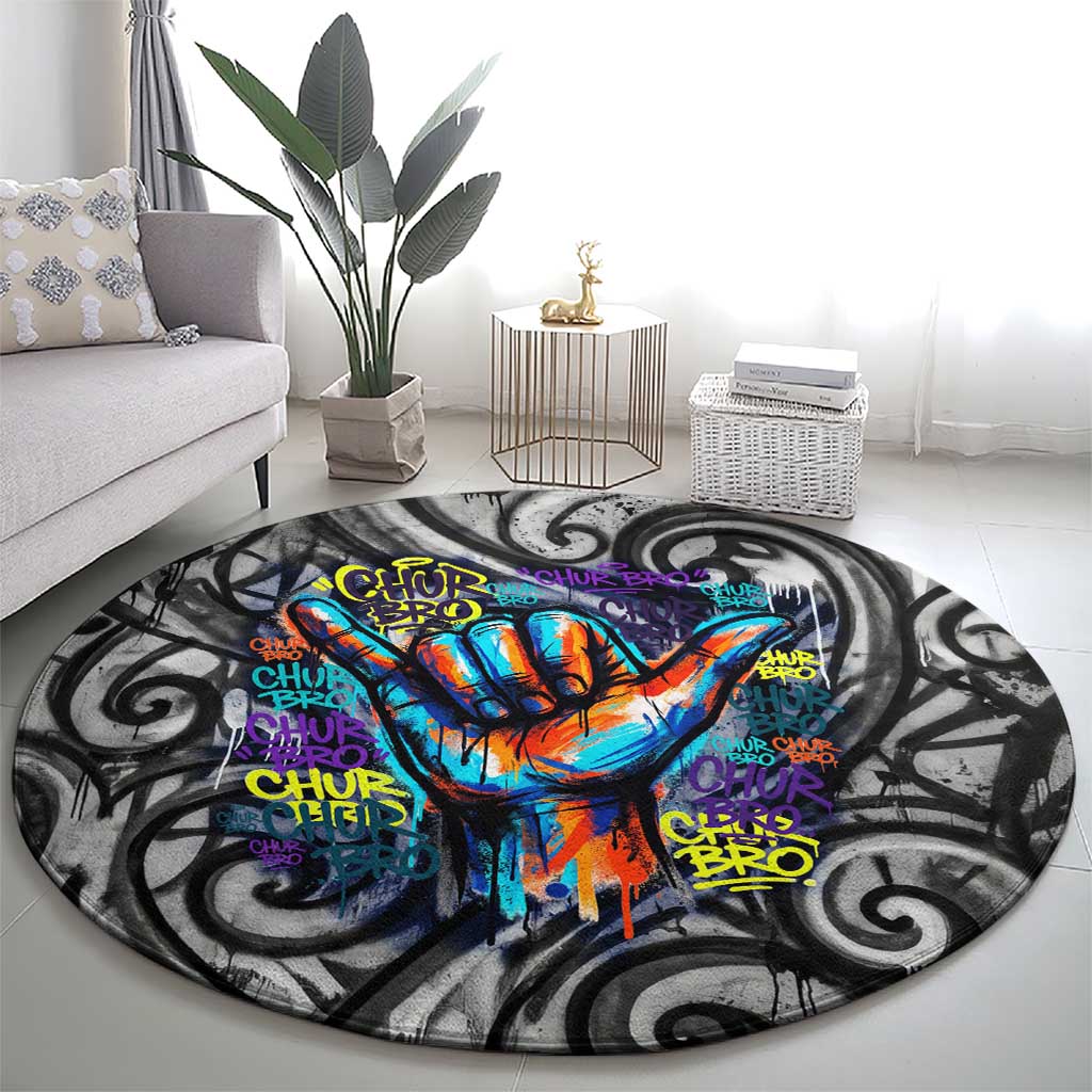 Chur Bro Shaka Sign Round Carpet New Zealand Koru Colorful Graffiti Splash