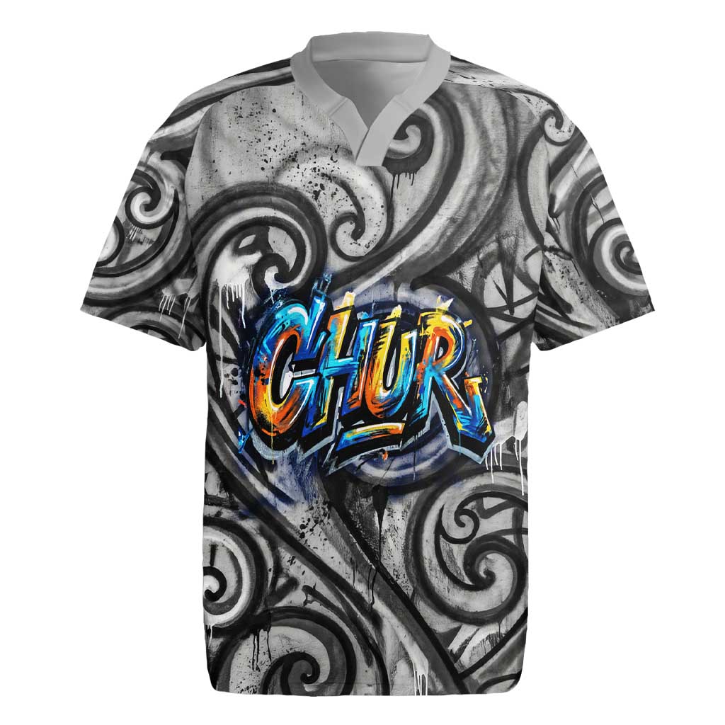 Chur Bro Shaka Sign Rugby Jersey New Zealand Koru Colorful Graffiti Splash
