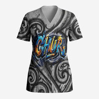 Chur Bro Shaka Sign Scrub Top New Zealand Koru Colorful Graffiti Splash