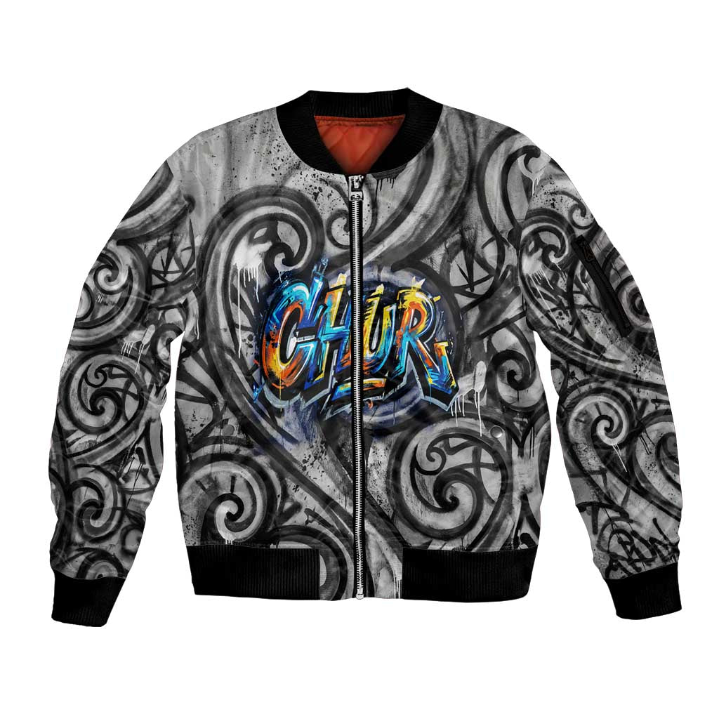 Chur Bro Shaka Sign Sleeve Zip Bomber Jacket New Zealand Koru Colorful Graffiti Splash