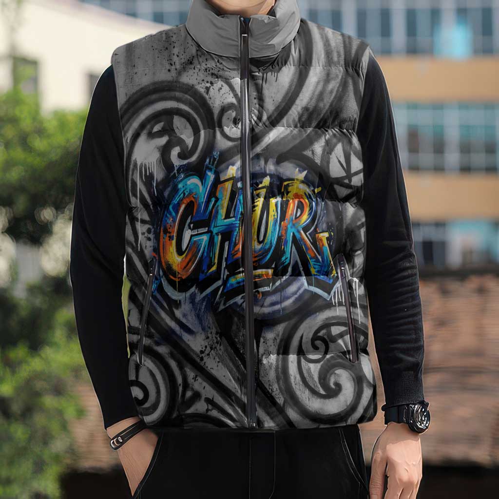 Chur Bro Shaka Sign Sleeveless Puffer Jacket New Zealand Koru Colorful Graffiti Splash