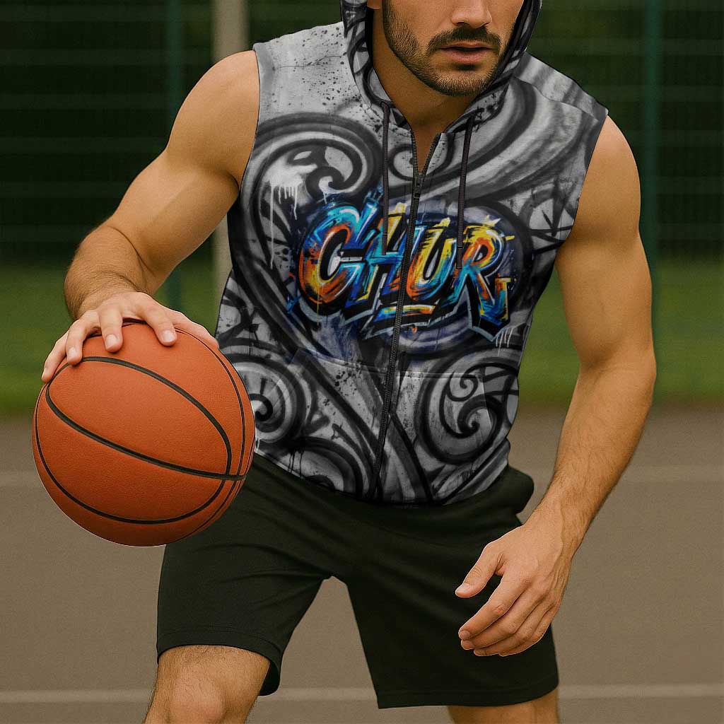 Chur Bro Shaka Sign Sleeveless Zip Hoodie New Zealand Koru Colorful Graffiti Splash