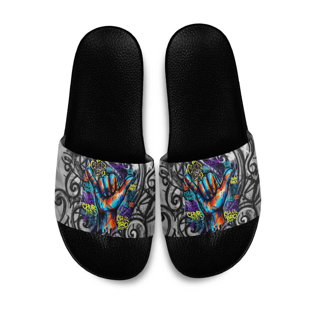 Chur Bro Shaka Sign Slide Sandals New Zealand Koru Colorful Graffiti Splash