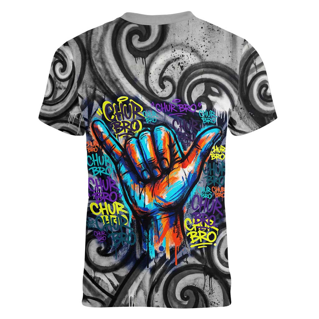 Chur Bro Shaka Sign Women V-Neck T-Shirt New Zealand Koru Colorful Graffiti Splash