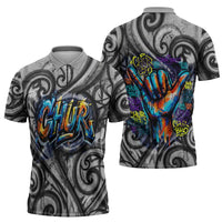 Chur Bro Shaka Sign Zipper Polo Shirt New Zealand Koru Colorful Graffiti Splash
