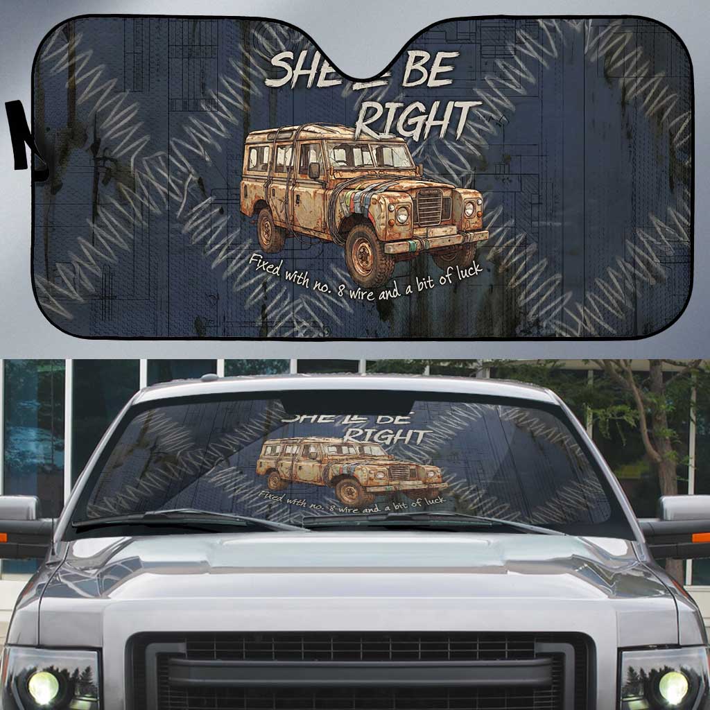 New Zealand She’ll Be Right Auto Sun Shade NZ Slang No. 8 Wire Map Pattern