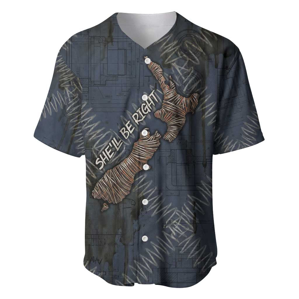 New Zealand She’ll Be Right Baseball Jersey NZ Slang No. 8 Wire Map Pattern