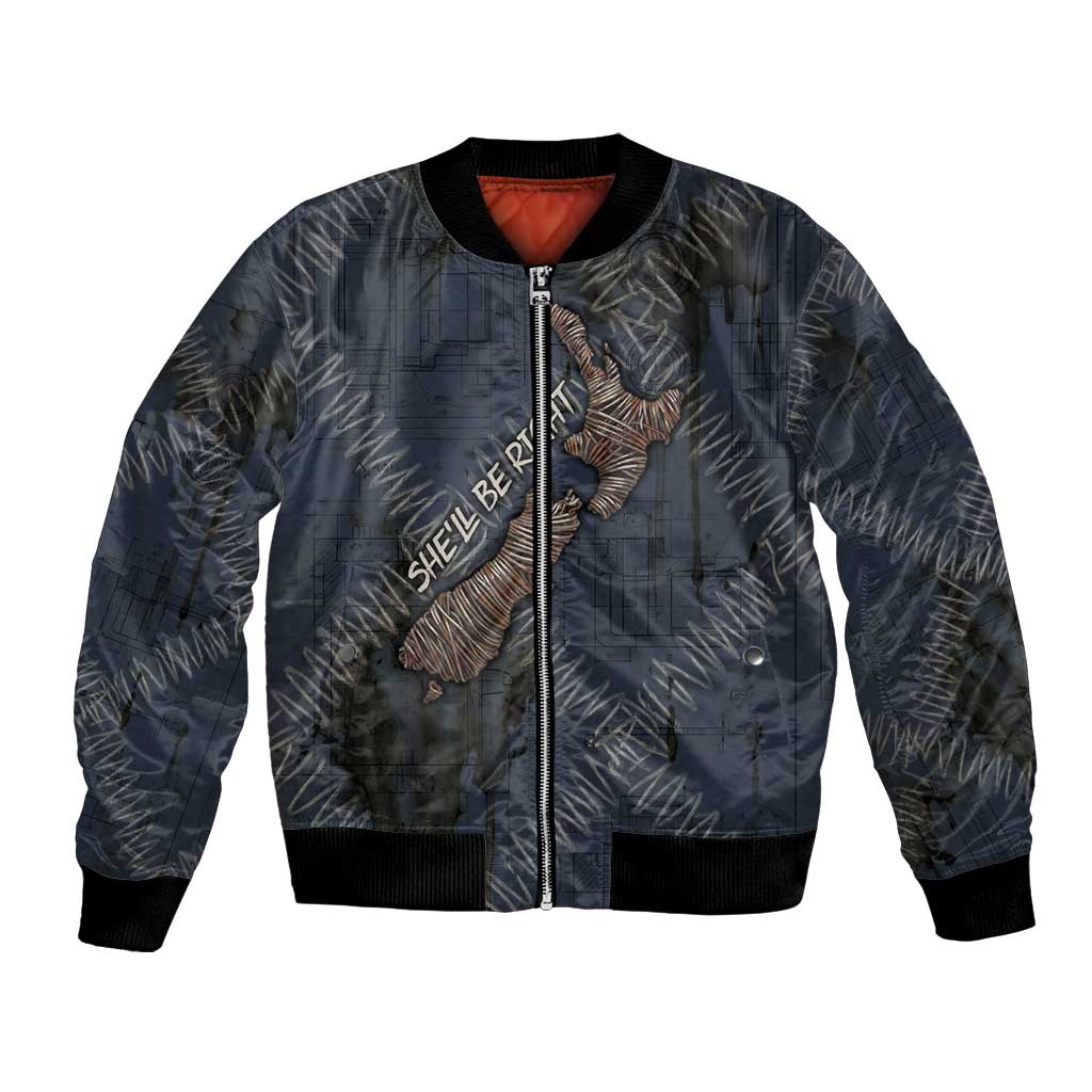 New Zealand She’ll Be Right Bomber Jacket NZ Slang No. 8 Wire Map Pattern