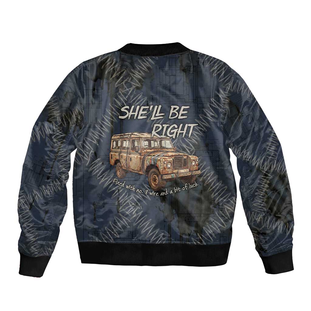 New Zealand She’ll Be Right Bomber Jacket NZ Slang No. 8 Wire Map Pattern