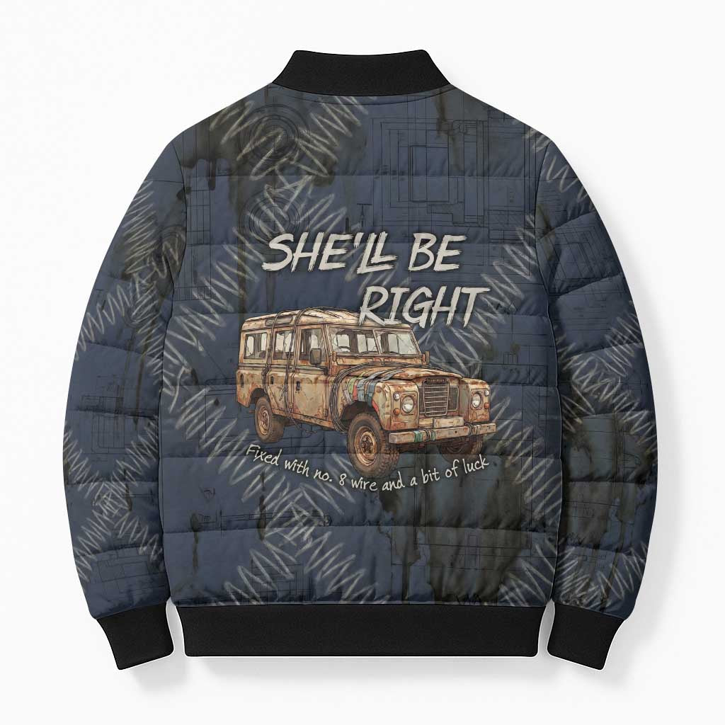 New Zealand She’ll Be Right Bomber Puffer Jacket NZ Slang No. 8 Wire Map Pattern