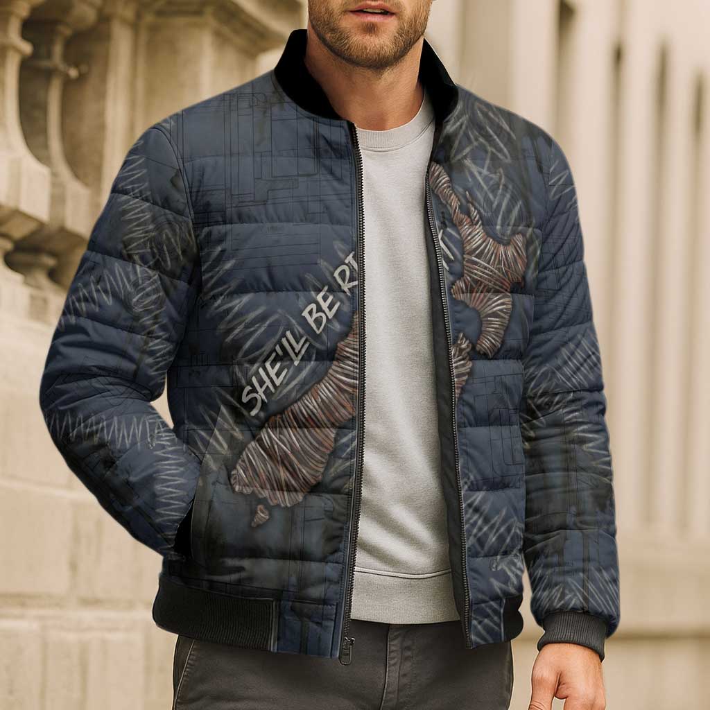 New Zealand She’ll Be Right Bomber Puffer Jacket NZ Slang No. 8 Wire Map Pattern