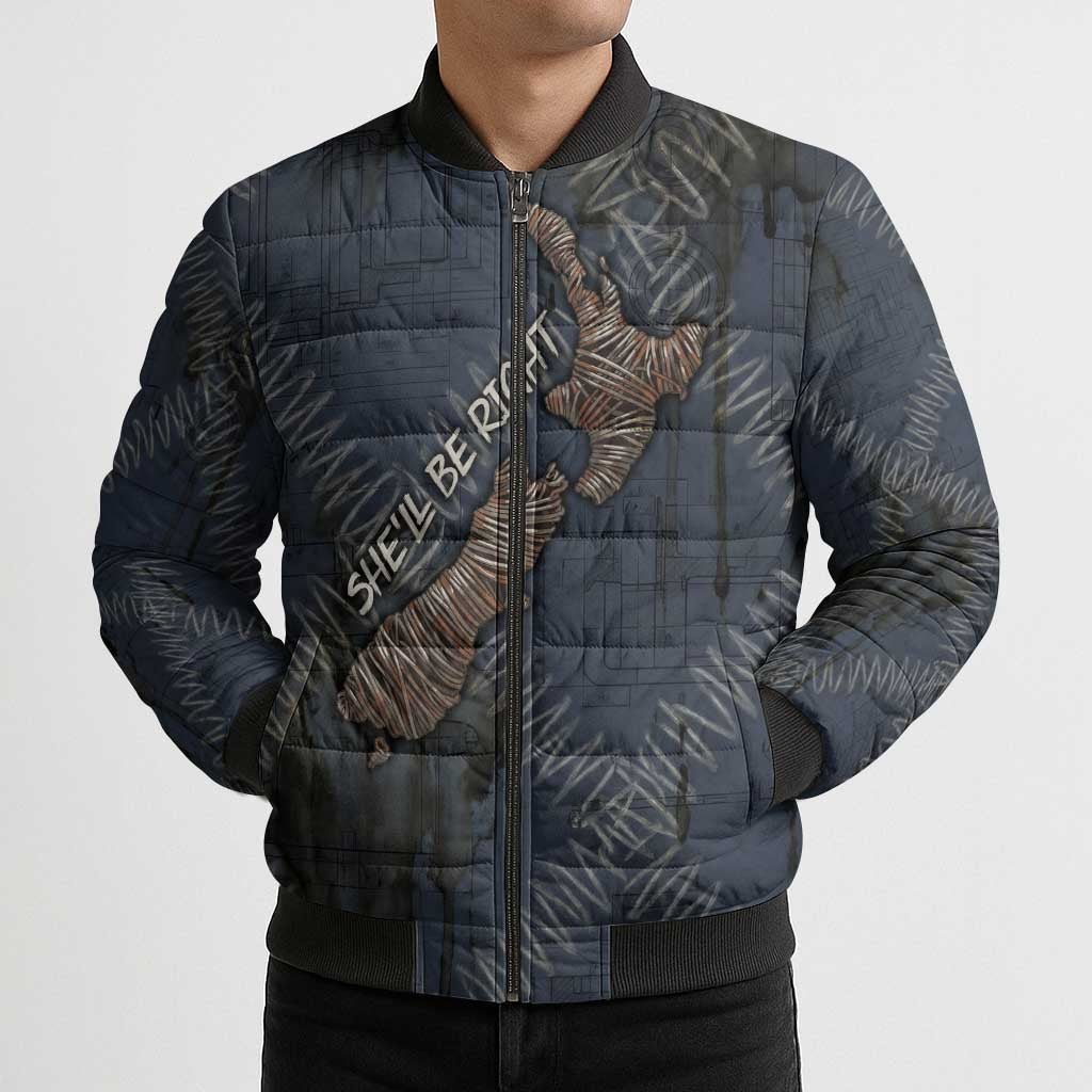 New Zealand She’ll Be Right Bomber Puffer Jacket NZ Slang No. 8 Wire Map Pattern