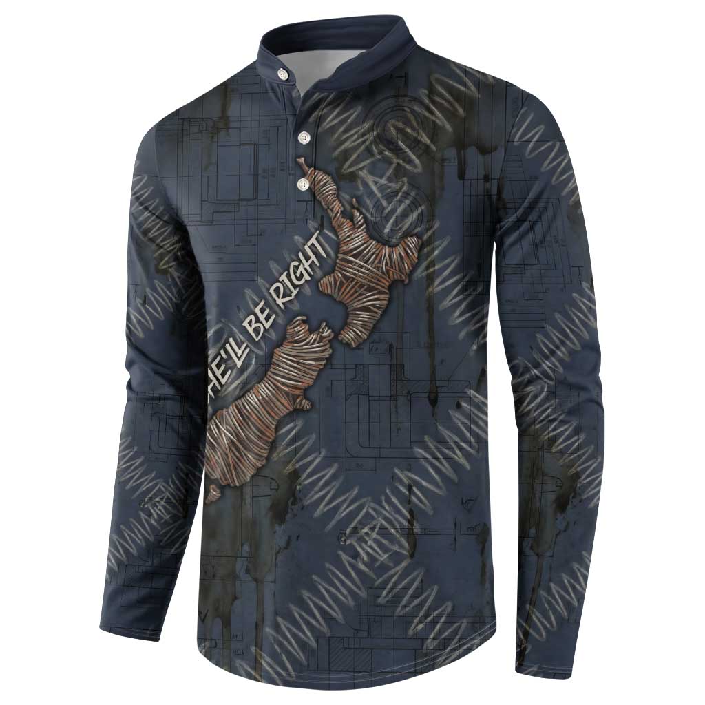 New Zealand She’ll Be Right Button Sweatshirt NZ Slang No. 8 Wire Map Pattern