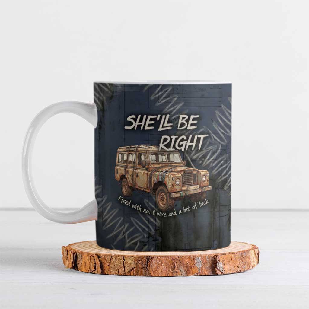 New Zealand She’ll Be Right Ceramic Mug NZ Slang No. 8 Wire Map Pattern