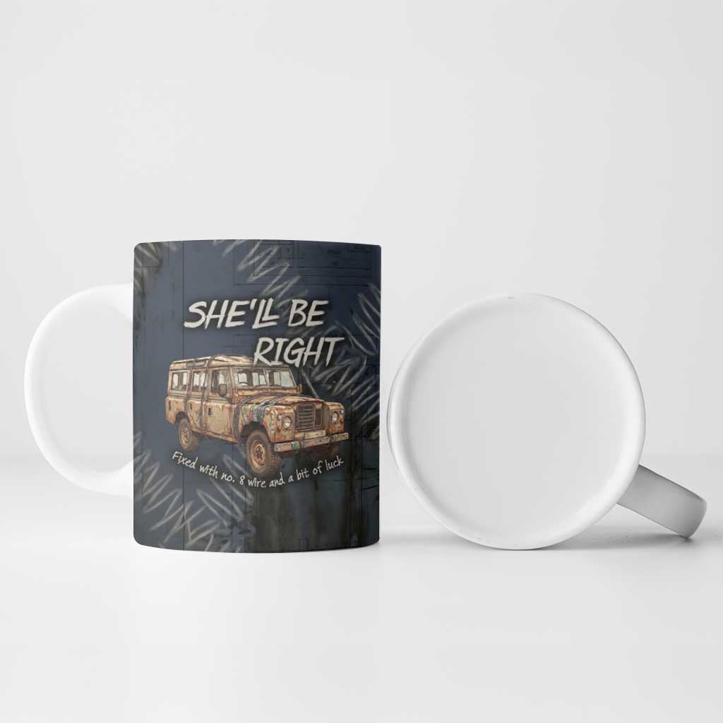 New Zealand She’ll Be Right Ceramic Mug NZ Slang No. 8 Wire Map Pattern