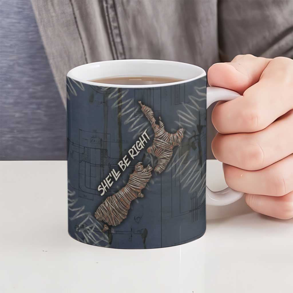 New Zealand She’ll Be Right Ceramic Mug NZ Slang No. 8 Wire Map Pattern