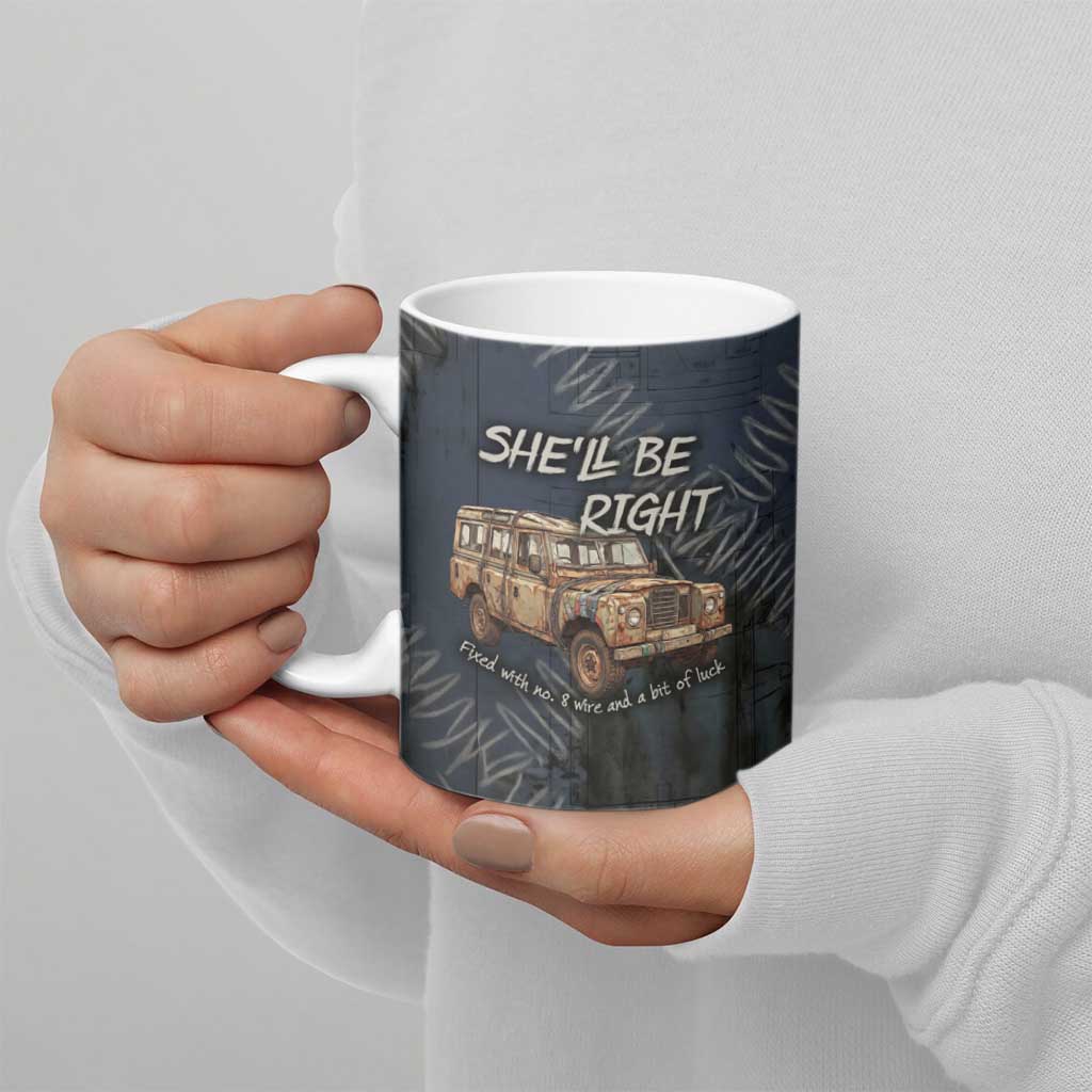 New Zealand She’ll Be Right Ceramic Mug NZ Slang No. 8 Wire Map Pattern