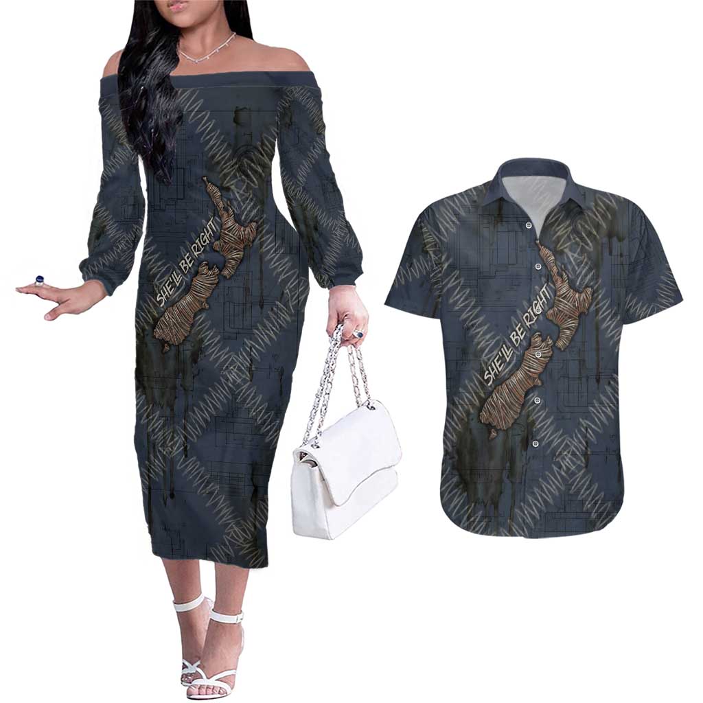 New Zealand She’ll Be Right Couples Matching Off The Shoulder Long Sleeve Dress and Hawaiian Shirt NZ Slang No. 8 Wire Map Pattern