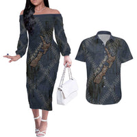 New Zealand She’ll Be Right Couples Matching Off The Shoulder Long Sleeve Dress and Hawaiian Shirt NZ Slang No. 8 Wire Map Pattern