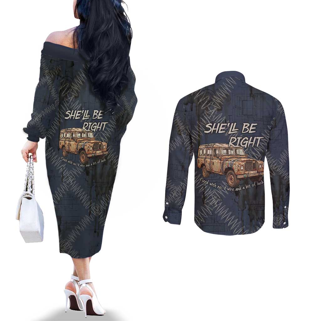 New Zealand She’ll Be Right Couples Matching Off The Shoulder Long Sleeve Dress and Long Sleeve Button Shirt NZ Slang No. 8 Wire Map Pattern