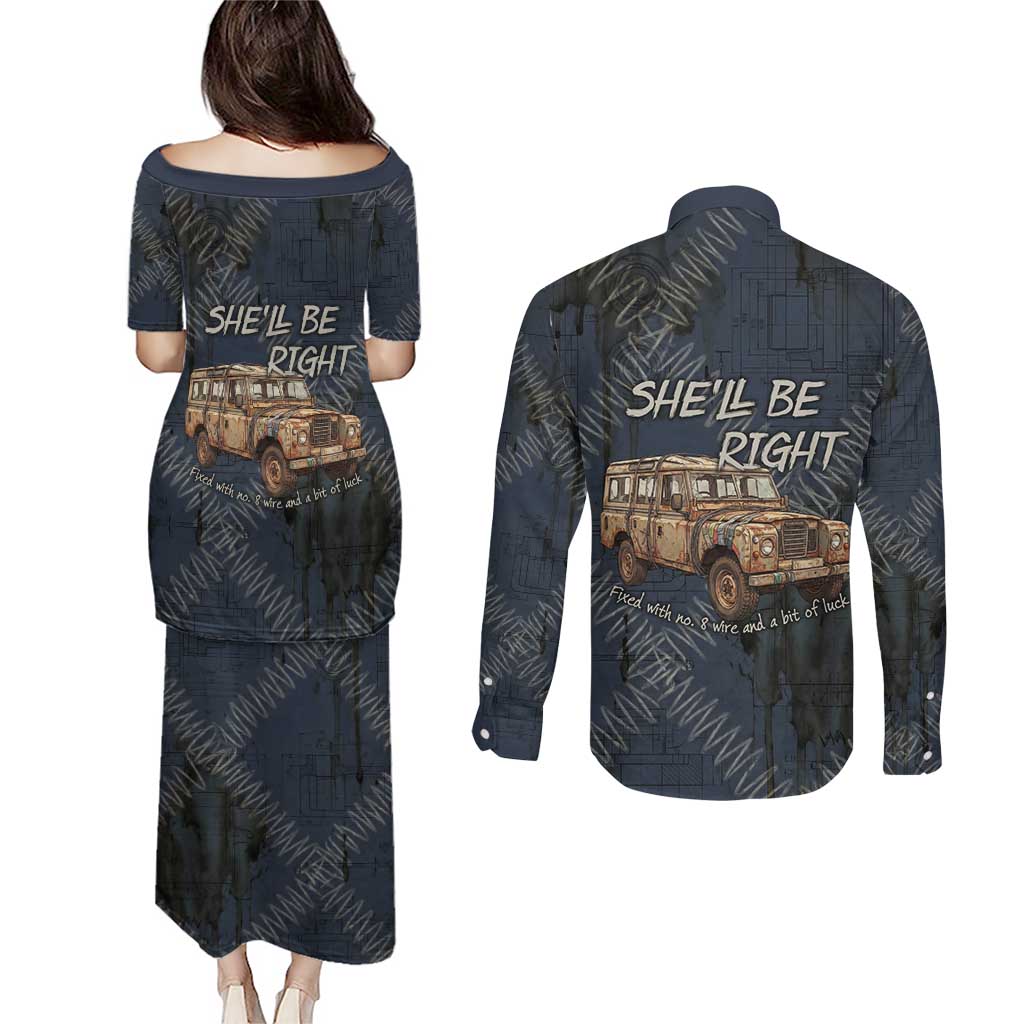 New Zealand She’ll Be Right Couples Matching Puletasi and Long Sleeve Button Shirt NZ Slang No. 8 Wire Map Pattern