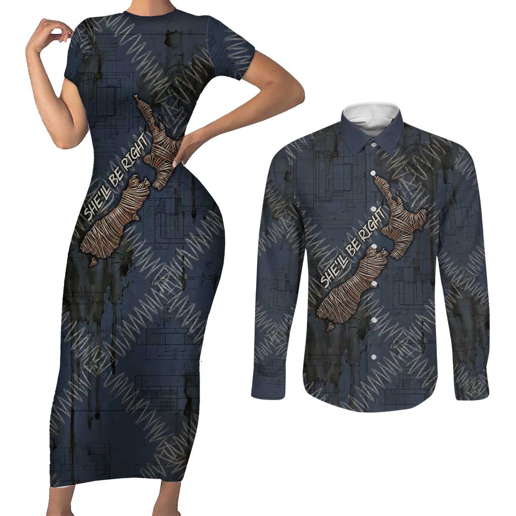 New Zealand She’ll Be Right Couples Matching Short Sleeve Bodycon Dress and Long Sleeve Button Shirt NZ Slang No. 8 Wire Map Pattern