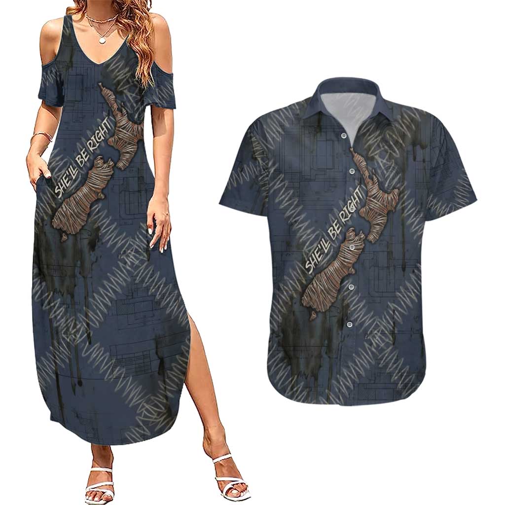 New Zealand She’ll Be Right Couples Matching Summer Maxi Dress and Hawaiian Shirt NZ Slang No. 8 Wire Map Pattern