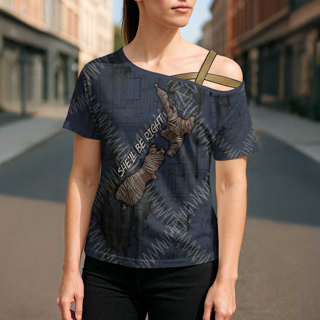New Zealand She’ll Be Right Cross Shoulder Shirt NZ Slang No. 8 Wire Map Pattern