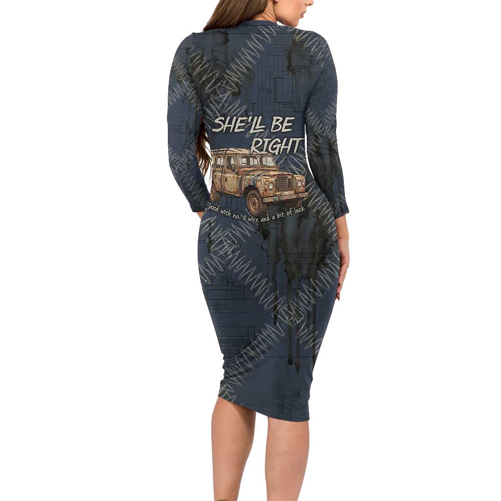 New Zealand She’ll Be Right Family Matching Long Sleeve Bodycon Dress and Hawaiian Shirt NZ Slang No. 8 Wire Map Pattern