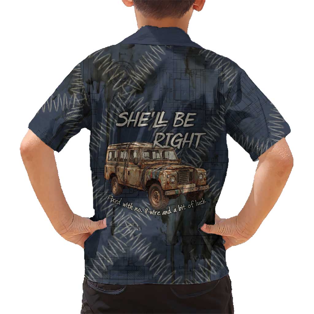 New Zealand She’ll Be Right Family Matching Off The Shoulder Long Sleeve Dress and Hawaiian Shirt NZ Slang No. 8 Wire Map Pattern