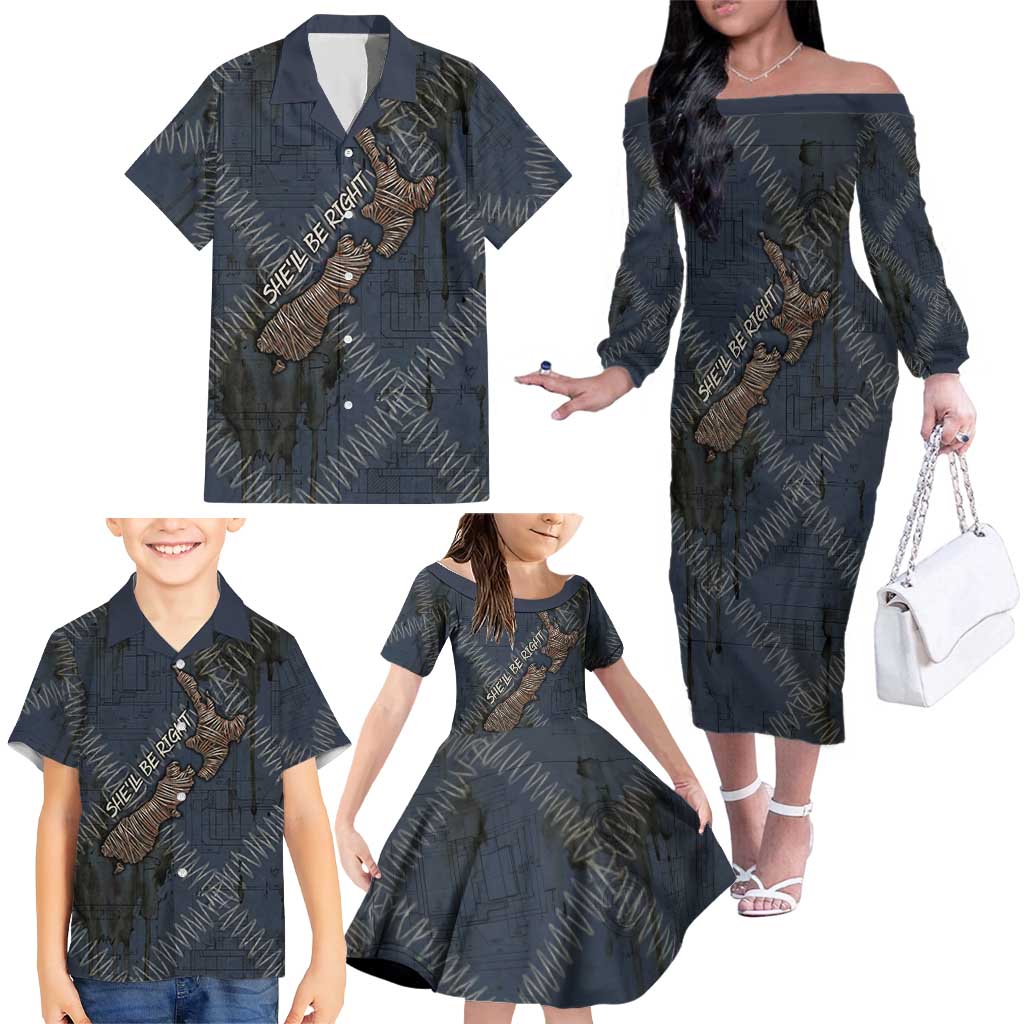 New Zealand She’ll Be Right Family Matching Off The Shoulder Long Sleeve Dress and Hawaiian Shirt NZ Slang No. 8 Wire Map Pattern