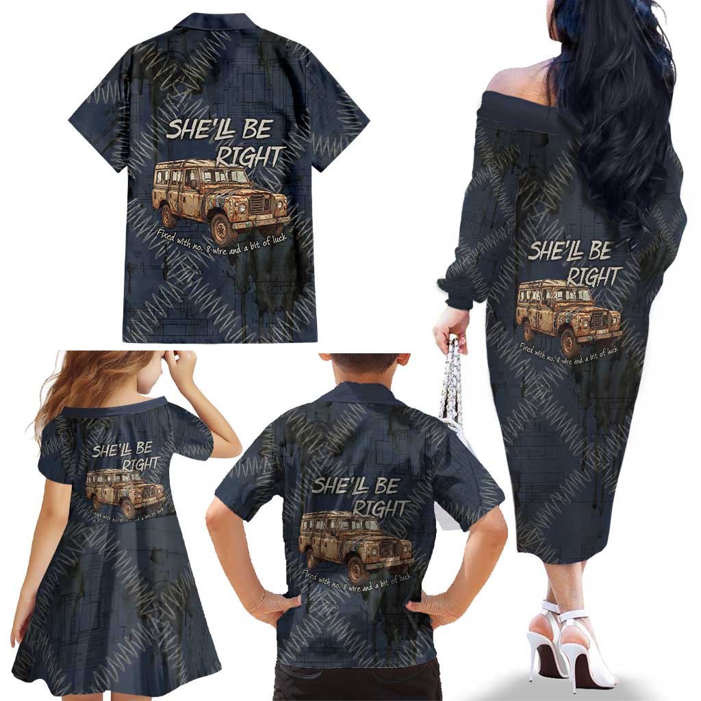 New Zealand She’ll Be Right Family Matching Off The Shoulder Long Sleeve Dress and Hawaiian Shirt NZ Slang No. 8 Wire Map Pattern