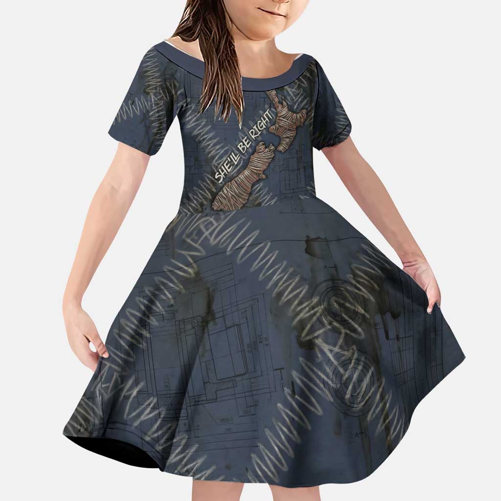 New Zealand She’ll Be Right Family Matching Off Shoulder Maxi Dress and Hawaiian Shirt NZ Slang No. 8 Wire Map Pattern