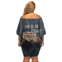 New Zealand She’ll Be Right Family Matching Off Shoulder Short Dress and Hawaiian Shirt NZ Slang No. 8 Wire Map Pattern