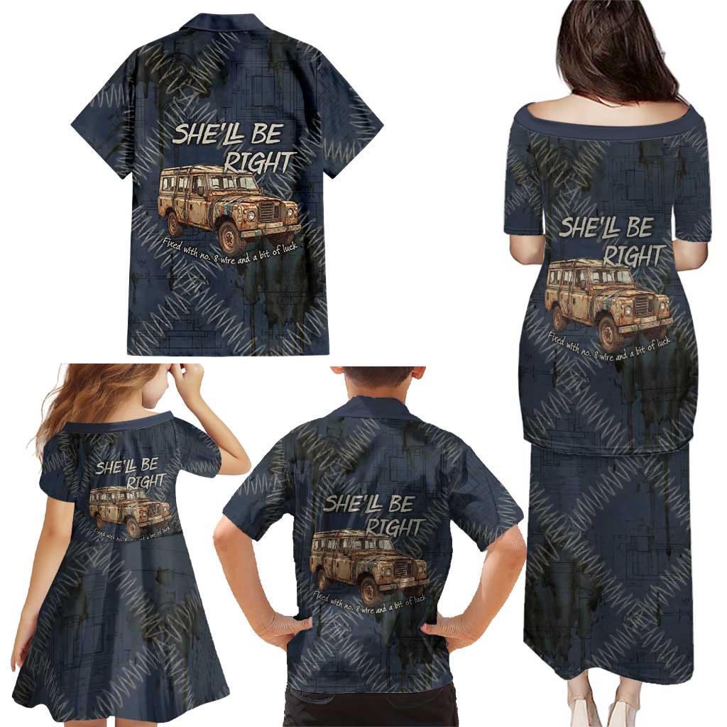 New Zealand She’ll Be Right Family Matching Puletasi and Hawaiian Shirt NZ Slang No. 8 Wire Map Pattern