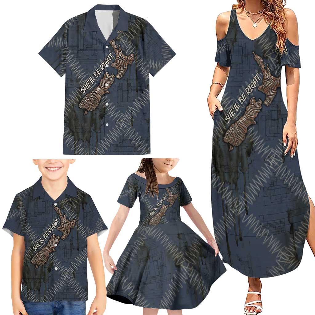 New Zealand She’ll Be Right Family Matching Summer Maxi Dress and Hawaiian Shirt NZ Slang No. 8 Wire Map Pattern