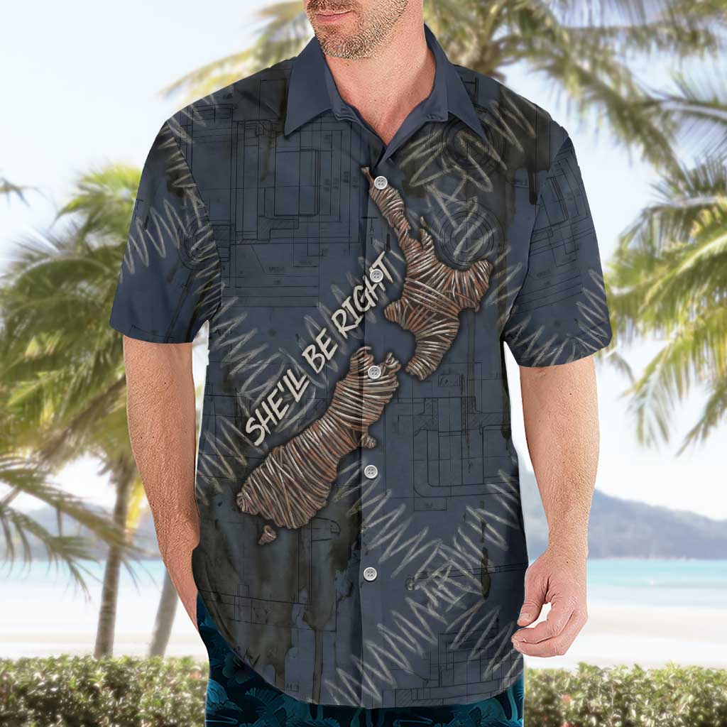 New Zealand She’ll Be Right Hawaiian Shirt NZ Slang No. 8 Wire Map Pattern