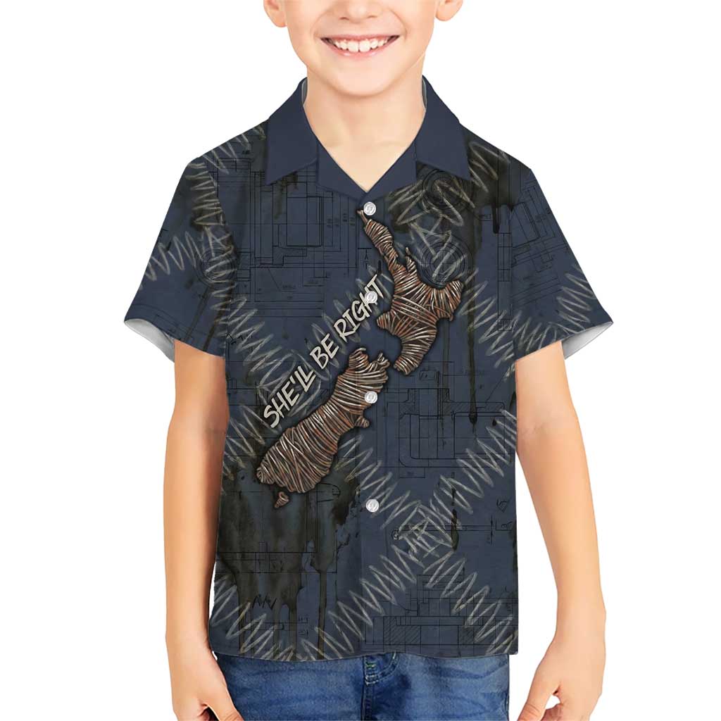 New Zealand She’ll Be Right Kid Hawaiian Shirt NZ Slang No. 8 Wire Map Pattern TS04 Kid Navy Slate - Polynesian Pride