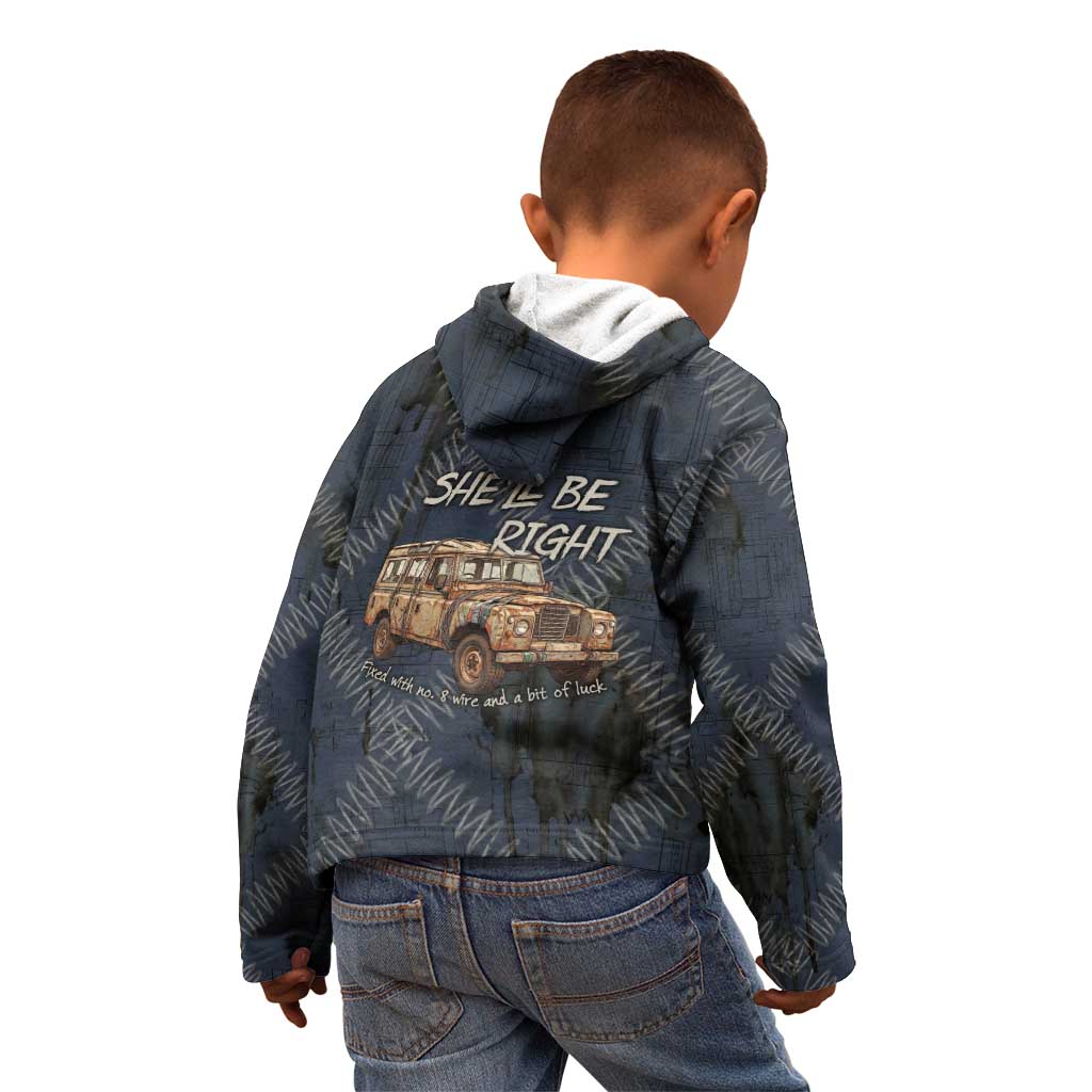 New Zealand She’ll Be Right Kid Hoodie NZ Slang No. 8 Wire Map Pattern
