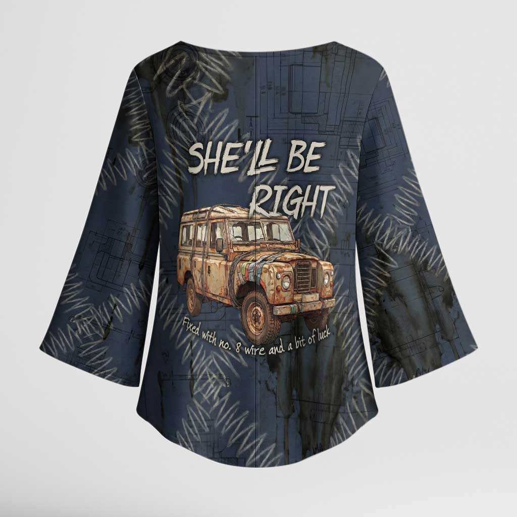 New Zealand She’ll Be Right Kimono Sleeve Blouse NZ Slang No. 8 Wire Map Pattern