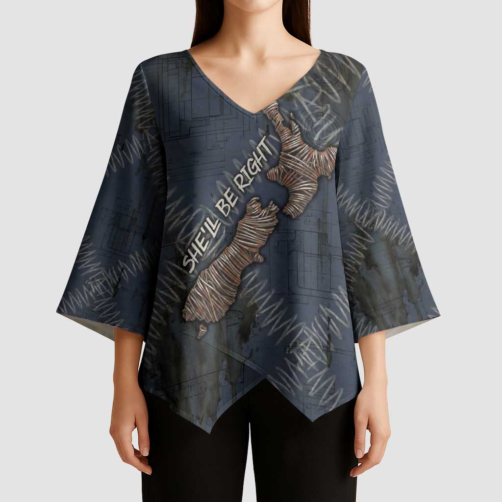 New Zealand She’ll Be Right Kimono Sleeve Blouse NZ Slang No. 8 Wire Map Pattern