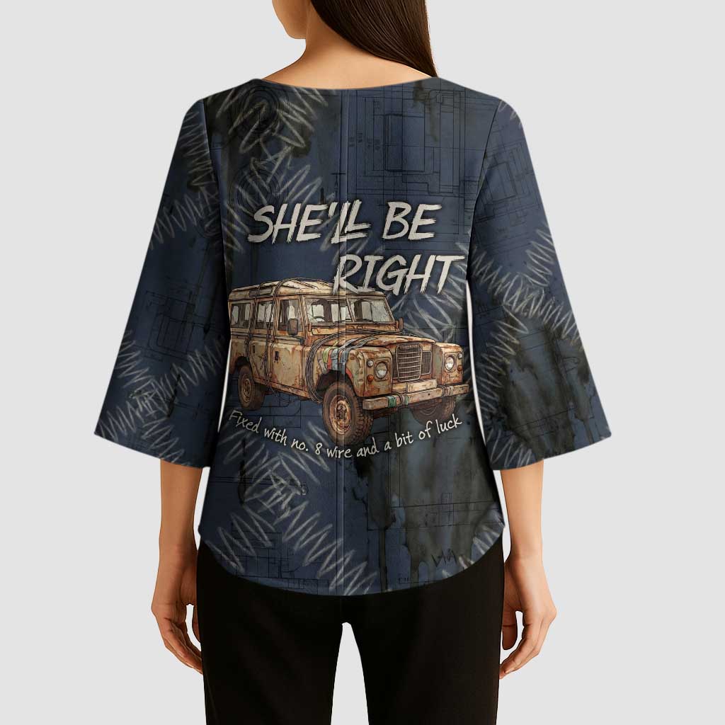 New Zealand She’ll Be Right Kimono Sleeve Blouse NZ Slang No. 8 Wire Map Pattern