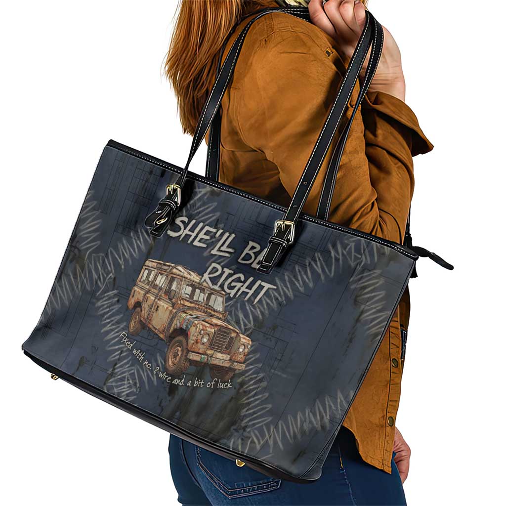 New Zealand She’ll Be Right Leather Tote Bag NZ Slang No. 8 Wire Map Pattern
