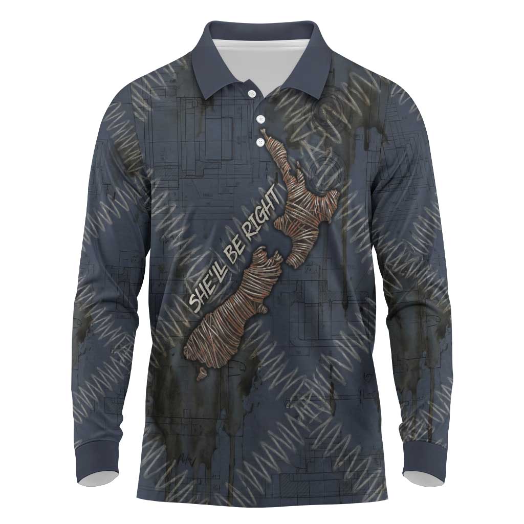 New Zealand She’ll Be Right Long Sleeve Polo Shirt NZ Slang No. 8 Wire Map Pattern
