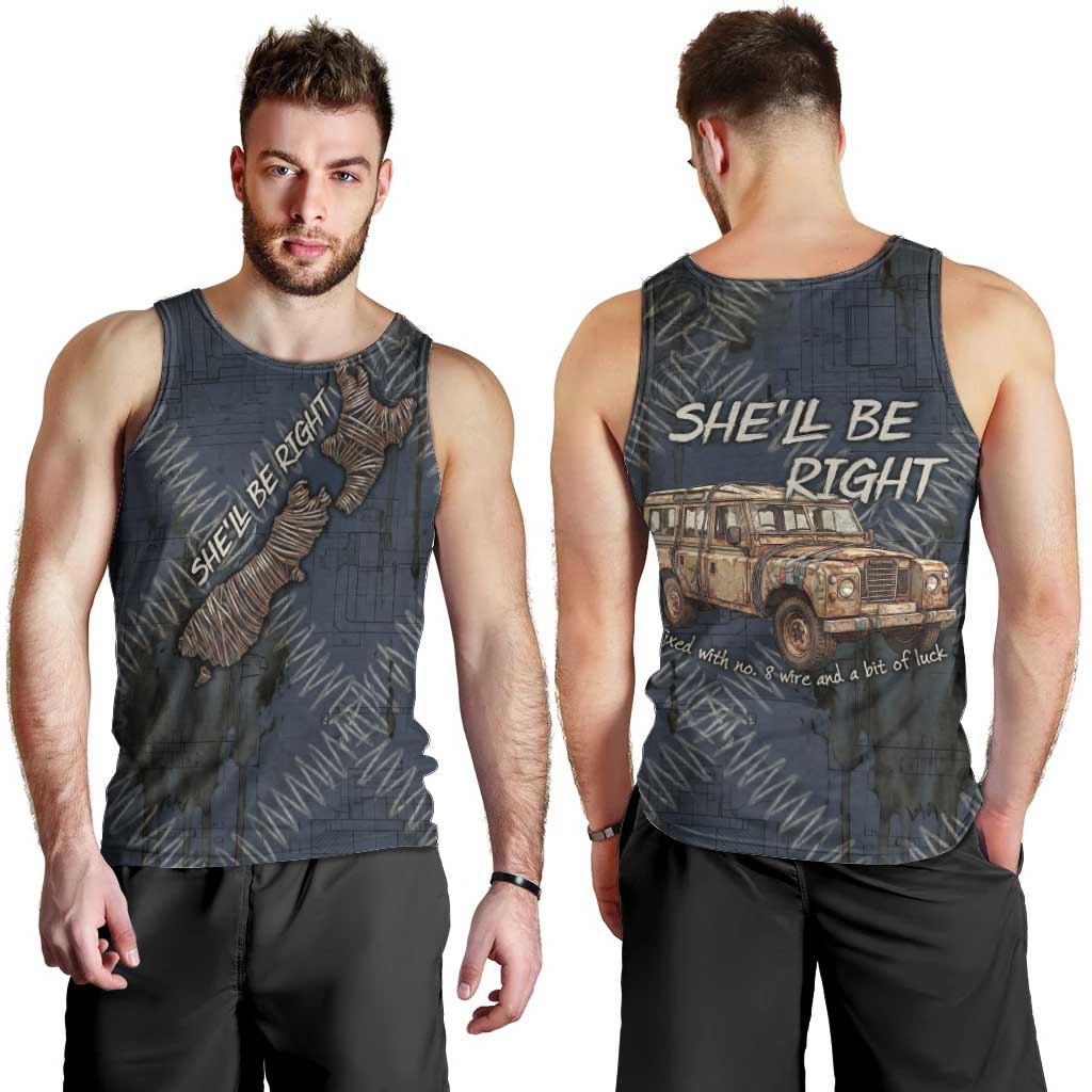 New Zealand She’ll Be Right Men Tank Top NZ Slang No. 8 Wire Map Pattern