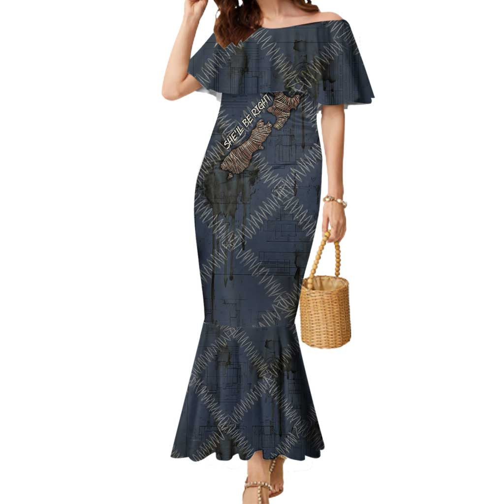 New Zealand She’ll Be Right Mermaid Dress NZ Slang No. 8 Wire Map Pattern